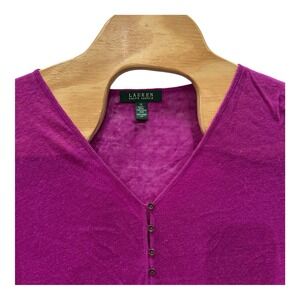Lauren Ralph Lauren Sweater Size 1X Magenta 100% Linen Sweater‎ Top Knit V Neck
